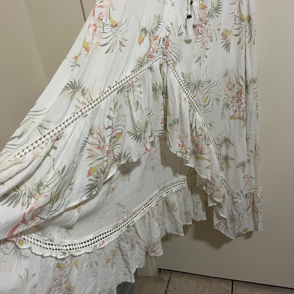 American Rag Floral Maxi Dress Medium Boho Hi Low Ruffle Crochet Tie Front Fairy